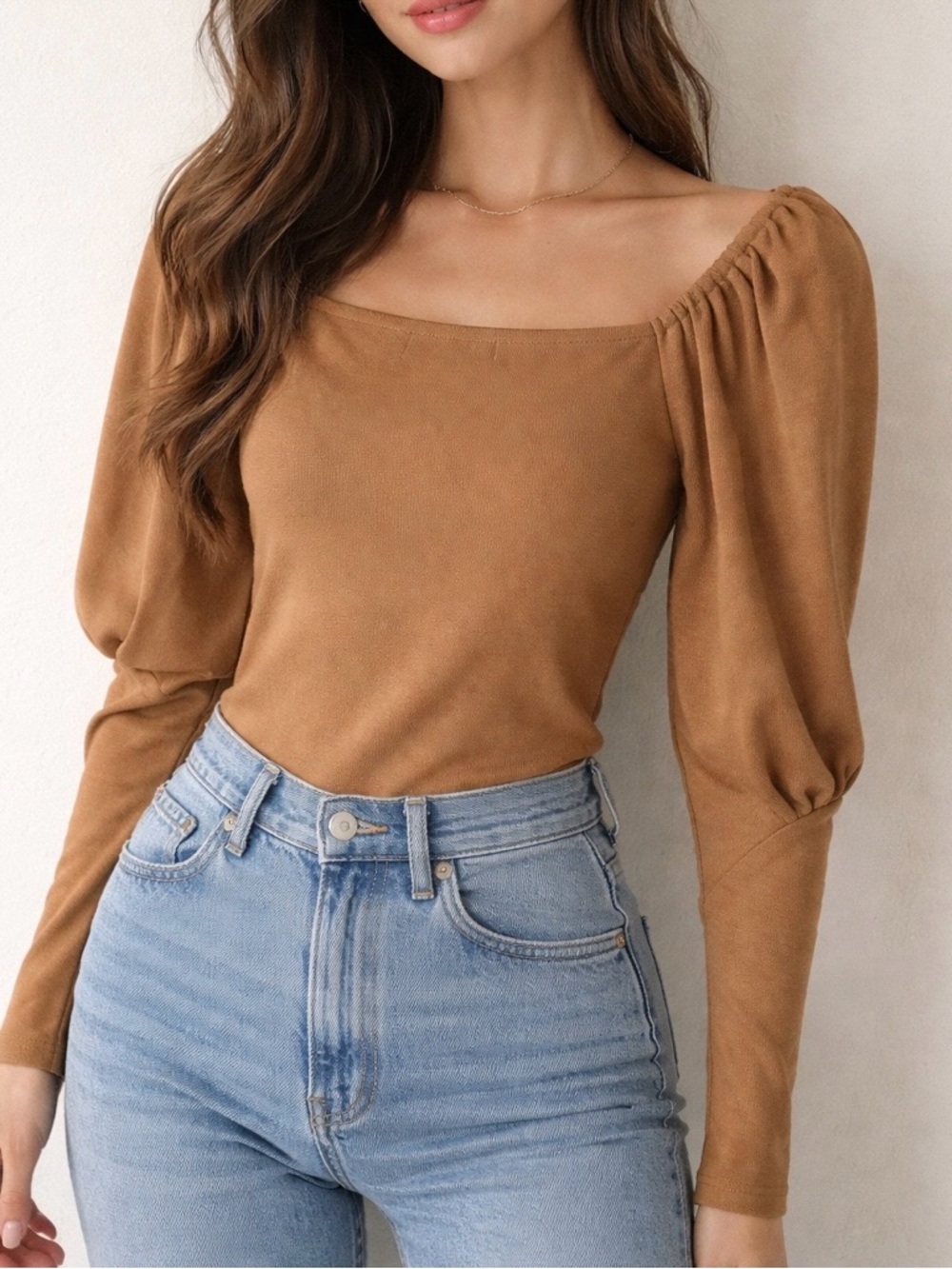Moussy tan Square neck long sleeve pullover top